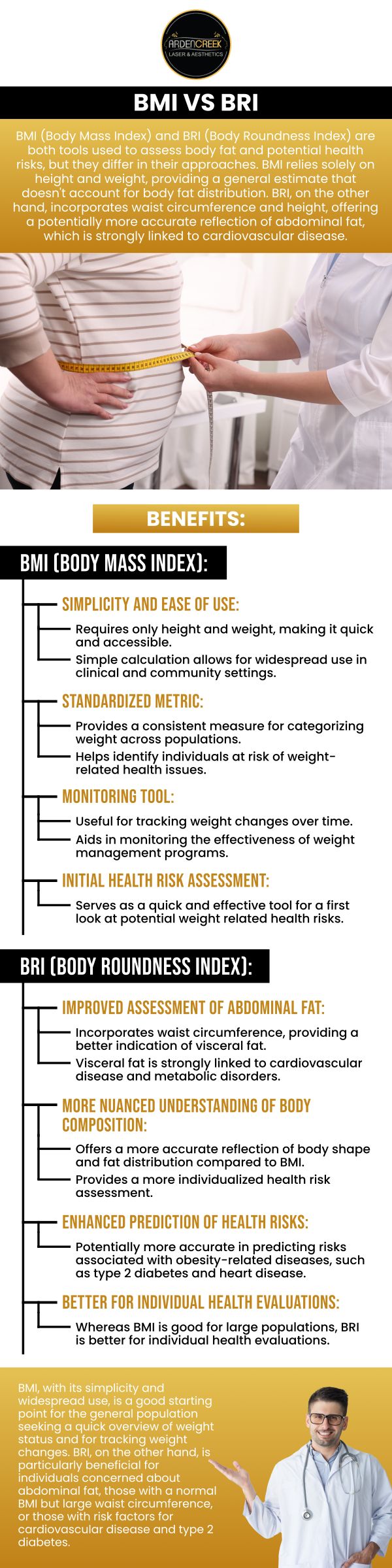 Body Mass Index (BMI) and the Body Roundness Index (BRI) are both comprehensive measurements that help us understand the body and its composition better. BMI can be used to determine if a person is within a healthy weight range, while BRI provides a more realistic representation of body fat distribution and proportion. Whether you're focusing on weight control, general fitness, or health risk evaluations, these measurements can be very helpful. Visit our healthcare professionals at Arden Creek Laser and Aesthetics to get specialized care. For more information, please contact us today or book an appointment online. We are conveniently located at 1451 River Park Drive, Suite 210 Sacramento, CA 95815.