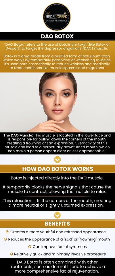 Common questions asked by clients: How does DAO Botox help improve a downturned mouth? What causes the corners of the mouth to turn downward? How soon can you see results after DAO Botox injections? How long do DAO Botox results typically last? For more information, contact us or schedule an appointment online. We are conveniently located at 1451 River Park Drive, Suite 210 Sacramento, CA 95815. We serve clients from greater Sacramento CA area, North Natomas CA, Arden-Arcade CA, Fair Oaks CA, Florin CA, Rio Linda CA, Lemon Hill CA, Elk Grove CA, Citrus Heights CA, and surrounding areas.